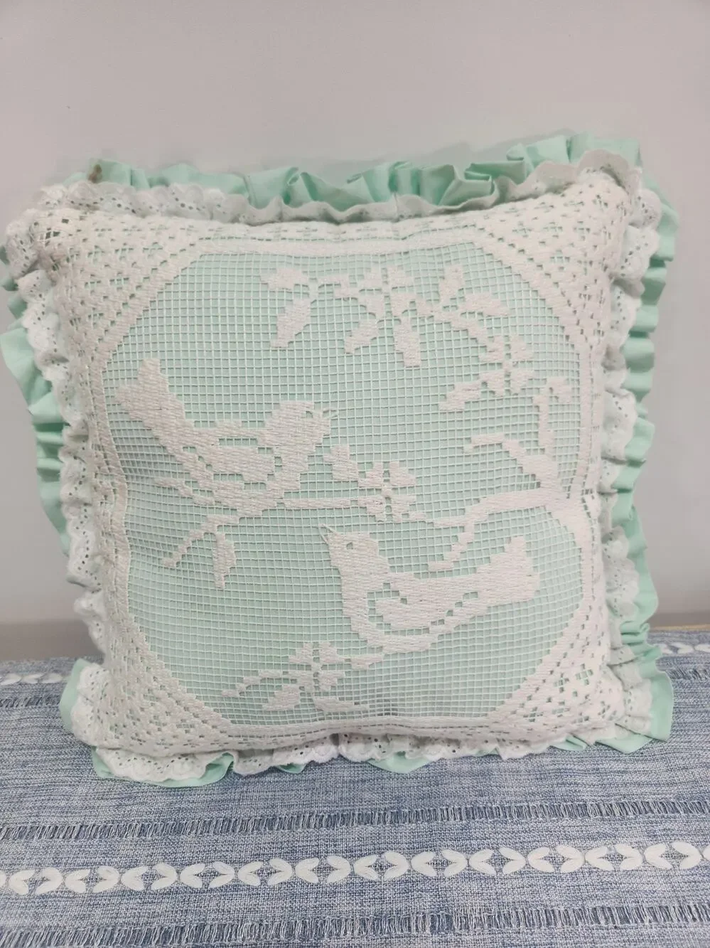 Vintage Filet Crochet Bird Pillow Mint Green Ruffle Lace Cottagecore Handmade